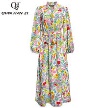 Qian han zi high-end vestidos de verão das senhoras feitas sob encomenda manga longa das mulheres incrível floral imprimir cinto fino vestido vintage 2024 - compre barato