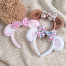 Original Cute Brown Bear Ears Headband JK Hair Accessories Plaid Bow Pink Blue Lolita Headdress for Women 2024 - buy cheap