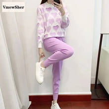 VmewSher New Pearl Heart Sweater Set Women Tracksuit Spring Autumn Knitted Suits Casual 2 Piece Set O Neck Pullover Jogger Pants 2024 - buy cheap