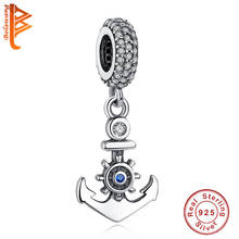 Wholesale Real 925 Sterling Silver Blue Rudder Charm With Clear CZ Sailing Bead Fit Original Bracelet Women DIY Jewelry 2024 - buy cheap