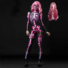 Disfraz de Halloween de esqueleto rosa para mujer, mono con peluca, disfraz escalofriante, vestido de fantasía del Día de los muertos, momia, fiesta de Carnaval de Horror 2024 - compra barato