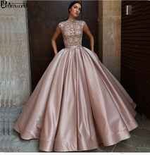 Elegant Ball Gown Evening Dresses 2021 Satin Jewel Neck Lace Cap Sleeves Dusty Pink Formal Dress Long Evening Party Prom Gowns 2024 - buy cheap