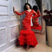 Elegante vermelho sereia vestidos de noite feito sob encomenda sexy com decote em v mangas compridas formal vestido de festa tule plissados em camadas vestido de baile 2024 - compre barato