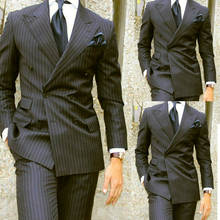 Navy Pinstripe Wedding Blazer With Pants Tuxedo Peaked Lapel Groom Wear Formal Business Groomsman Double Breasted Men Suits 2021 2024 - buy cheap