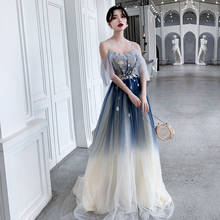 Вечернее платье с блестками, на тонких бретелях, с вырезом лодочкой, синее градиентное, ТРАПЕЦИЕВИДНОЕ, длинное, блестящее, чонсам, вечернее китайское платье-Ципао 2024 - купить недорого