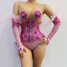 Сексуальный Боди для ночного клуба, бара, женские танцевальные костюмы Gogo, подиумный эластичный сценический костюм, женский розовый костюм со стразами DQS5445 2024 - купить недорого