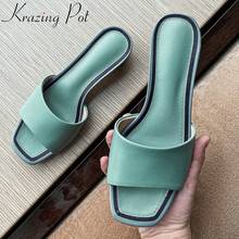 Krazing pot summer natural leather peep toe med heel outside slipper simple solid young lady daily wear slip on shoes women L40 2024 - buy cheap