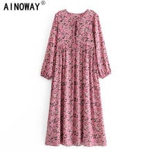 Vintage Women Long Sleeve Ethnic Pink Floral Print Beach Bohemian Maxi Dress Robe Ladies Rayon Cotton Tie Neck Boho Dresses 2024 - buy cheap