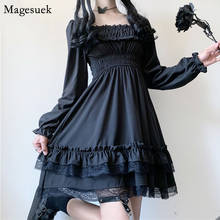 Black Lace Dress 2021 Fashion Slash Neck Elastic Waist Gothic Dress New Puff Sleeve Short Party Dresses Women Robe Femme 12991 2024 - buy cheap