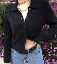 Женский укороченный свитер в Вертикальную Полоску, трикотажный черный кардиган с отложным воротником, в стиле панк, каваи, осень 2024 - купить недорого