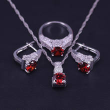 Conjunto de joyería de circón brillante para mujer, conjunto de anillo y pendientes de Color plateado con piedra roja, collar, envío rápido 2024 - compra barato