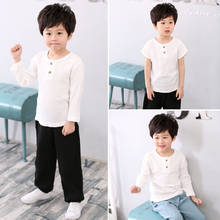 Camiseta plisada de lino para niños y niñas, Tops de manga larga de Color sólido, ropa de primavera 2024 - compra barato