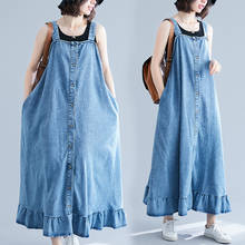 Mulheres denim jeans correias vestido sem mangas casual mulher solta maxi longo babados vestidos botão casual primavera 2021 roupões 2024 - compre barato