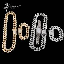 Colar de cristais cubanos masculino, joia de 2cm, corrente de cristal, cor dourada, combo com relógio, colar e pulseira para homens 2024 - compre barato