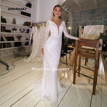 Женское свадебное платье-русалка, блестящее платье с длинным рукавом, V-образным вырезом и лифом, модель 2021 2024 - купить недорого