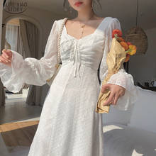 2021 Vintage Fairy Chiffon Long Dress Women Elegant French Party Dress Puff Sleeve V Neck Casual Women's Korean Clothing 14278 2024 - buy cheap