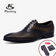 Phenkang-zapatos de piel auténtica para hombre, calzado Oxford italiano con cordones, punta estrecha, plataforma de boda 2024 - compra barato