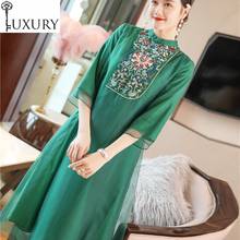 Quality Brand Chinese Top 2020 Spring Summer Party Vintage Women Exquisite Embroidery 3/4 Sleeve Mid-Calf Dress XXL 2024 - buy cheap