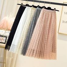 Grid Mesh Long Skirts for Women  Elegant  Solid  A-Line  Mid-Calf  Mesh  Pleated Skirt  Plaid Tulle Skirt 2024 - buy cheap