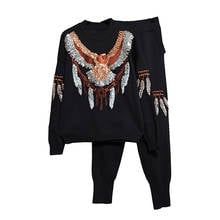 New Women Two-piece Heavy Industry Eagle Printed Knitted Casual Pants Suit Winter Warm Sweater Tracksuit Sporting Set Female 2024 - buy cheap