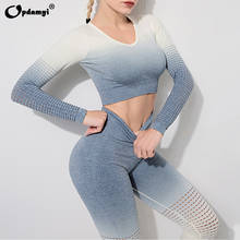 Women Sexy Yoga Sets Gradient Ombre Seamless Gym Workout Clothes Fashion Sports Set Hollow Mesh Leggings+Cropped Top Yoga Suit 2024 - buy cheap