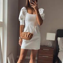 Branco mini vestido feminino verão elegante puff manga plissado vestidos de festa gola quadrada casual vintage vestido feminino 2024 - compre barato