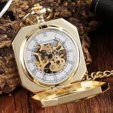 Reloj de bolsillo mecánico de diseño polígono dorado de lujo para hombre, con cadena FOB, esqueleto Steampunk, de viento a mano, con cadena 2024 - compra barato