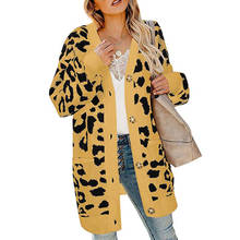 Леопардовый вязаный свитер женский желтый плюс размер свободные кардиганы 2019 осень зима мода Хаки однобортные свитера CX1036 2024 - купить недорого