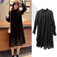 2020 Spring Winter Basic Black Lace Dresses Hot Sales Women Flare Sleeve Hollow Out Cute Casual Loose Plus Size Dress Long 12323 2024 - buy cheap