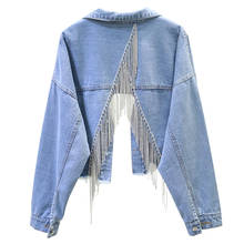 2021 primavera outono novos jeans casacos mulheres coreano solto denim casaco moda incrustada strass borla voltar split denim jaqueta feminina 2024 - compre barato