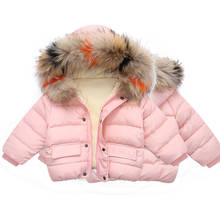 Зимняя пуховая куртка для маленьких мальчиков и девочек, хлопковая стеганая куртка для мальчиков и девочек, плотная теплая хлопковая куртка с капюшоном и меховым воротником 2024 - купить недорого