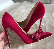 real photos red suede rhinestones bow woman high heels party bow rhinestone 8CM 10CM 12CM high hee Stilettos wine red Stilettos 2024 - buy cheap