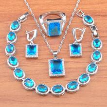 Newst-Conjuntos de joyas de boda para mujer, aretes de cristal azul cielo, anillo colgante, pulsera, Cuadrado clásico, Color plateado, JS0727 2024 - compra barato