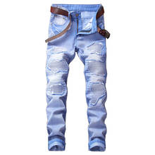 Hemiks Fashion Mens Ripped Motorcycle Denim Pants Skinny Stretched Distressed Pants Straight Destroyed Hip Hop Trousers Hombre 2024 - buy cheap