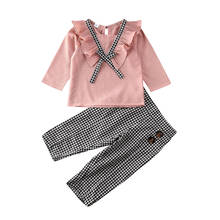 Осенний спортивный костюм для маленьких девочек от Citgeett, одежда, топ с оборками, розовая футболка + штаны в клетку, комплект одежды 2024 - купить недорого