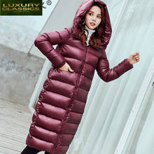 Chaqueta larga de plumón de pato para mujer, abrigo informal coreano grueso y brillante, con capucha, ropa cálida de invierno, 1601 2024 - compra barato