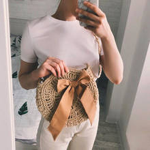 Bolsa de ombro com laço feminina, pequena bolsa de palha redonda boêmia, feita à mão para praia de verão 2024 - compre barato