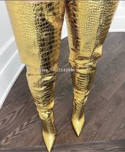 New Gold Color Crocodile Leather Women Long Boots Sexy Pointed Toe Stiletto Heel Over the Knee Thigh High Boots Lady Real Photos 2024 - buy cheap