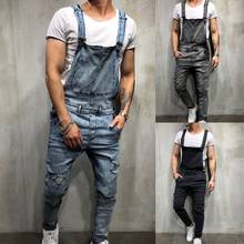 2020 macacão jeans retrô masculino de verão, rasgado, com buraco, calças compridas, macacão jeans masculino, calças com suspensórios 2024 - compre barato