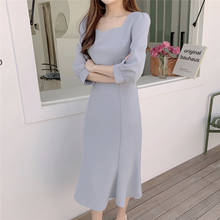 Square Collar Solid Chiffon Dress Midi Summer White Elegant Office Korean Blue a Line Robe Femme Vestiti Donna Sukienki Clothes 2024 - buy cheap
