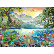 Pintura de diamante redondo 5d DIY, mosaico bordado de delfines, paisaje, decoración del hogar, regalo de vacaciones 2024 - compra barato