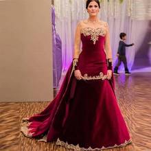 Illusion Long Sleeve Burgundy Velour Moroccan Caftan Dress Dubai Saudi Arabic Formal Evening Dress Appliques Abaya Prom Dress 2024 - buy cheap