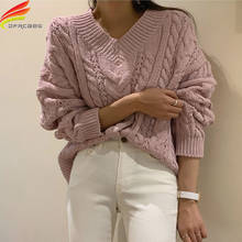 Suéter feminino com decote em v, pulôver minimalista grande de malha, elegante, para outono e inverno 2020 2024 - compre barato