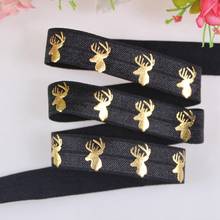 New design  5/8" gold foil deer printed foe elastic ribbon,black 50yards/lot 2024 - buy cheap