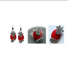 Conjunto de joias pandent e brincos de prata esterlina 925 (#7-10) marcasite vermelho esculpido na moda com frete grátis 2024 - compre barato