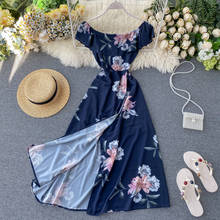 Boho Ruffles Sexy Off Shoulder 2021 Floral Print Dress Summer Long Party Casual Split Women Beach Holiday Tunic Holiday Dresses 2024 - buy cheap
