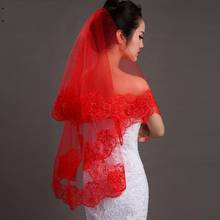 Véu de noiva barato, 1.5m, uma camada, renda vermelha, formal, curto, veu de noiva, acessório de casamento 2024 - compre barato
