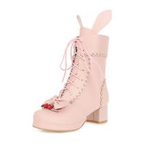 Girls Lolita Snow Boots Shoes Sweet Bow Round Toe Woman Winter Square PU Leather Platform Princess Style Ankle Boots  Plus Size 2024 - buy cheap