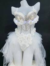 Sparkly Rhinestones White Lace Flowers Bodysuit Sexy Bar Party Female Costume Nightclub DJ Singer LED Dance Wear Stage Outfits 2024 - buy cheap