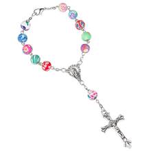 Fashion Rose Flower Rosary Bracelet Catholic Christian Jewelry Colorful Polymer Clay Beads Jesus Cross Pendant Bracelets 2024 - buy cheap